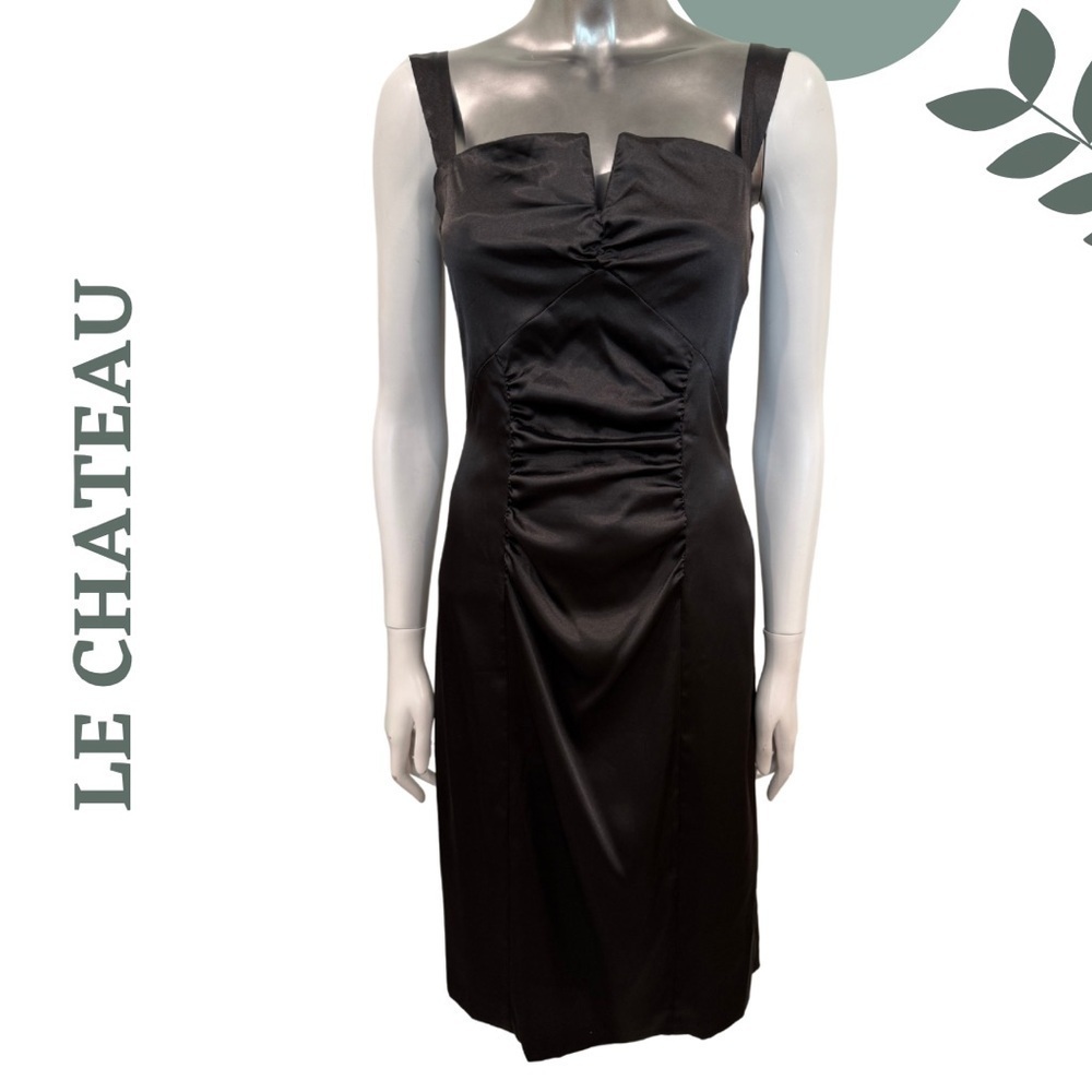 Le Château Black Satin Ruched Cocktail Dress – Made in Canada – Size Medium